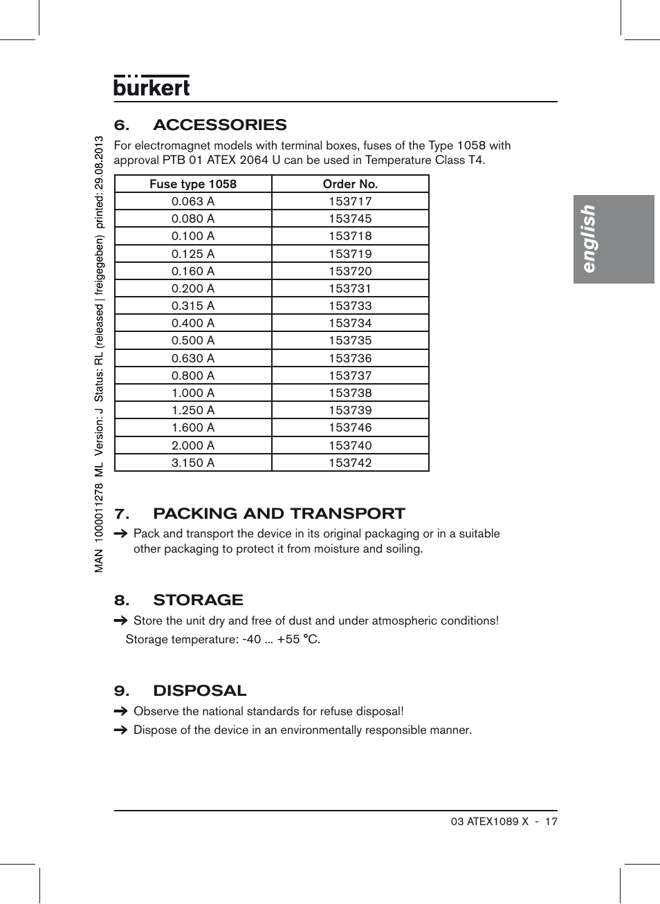 Accessories, Packing and transport, Storage | Disposal, English | Burkert Type 0641 User Manual | Page 17 / 52