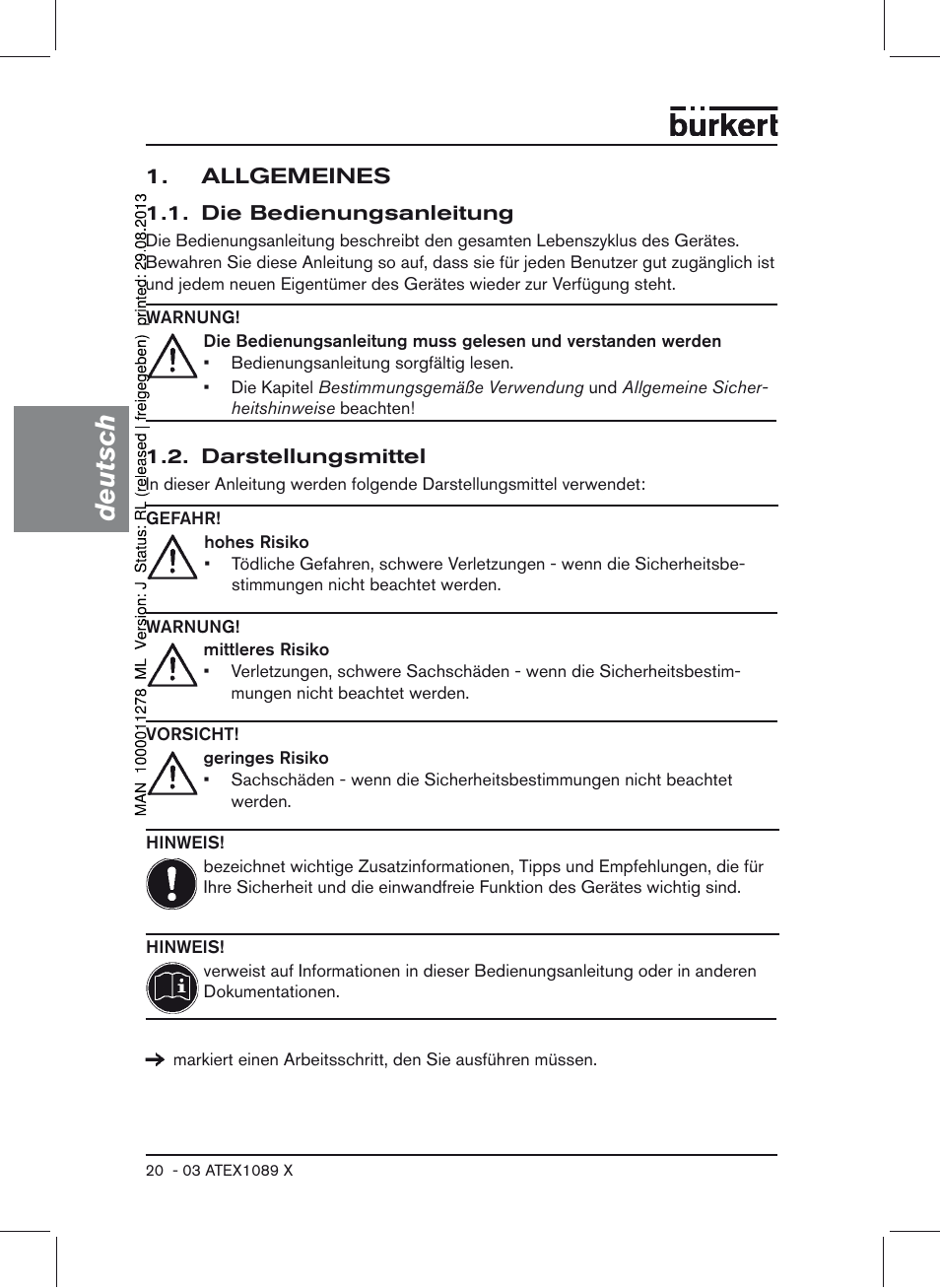 Allgemeines, Die bedienungsanleitung 1.2. darstellungsmittel, Deutsch | Burkert Type 0641 User Manual | Page 20 / 52