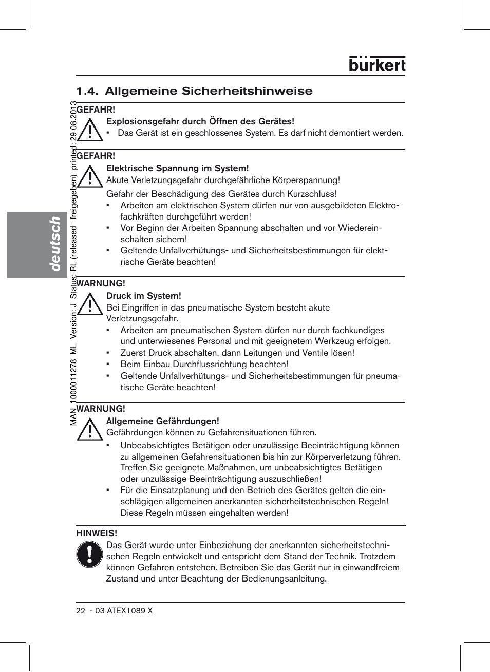 Allgemeine sicherheitshinweise, Deutsch | Burkert Type 0641 User Manual | Page 22 / 52