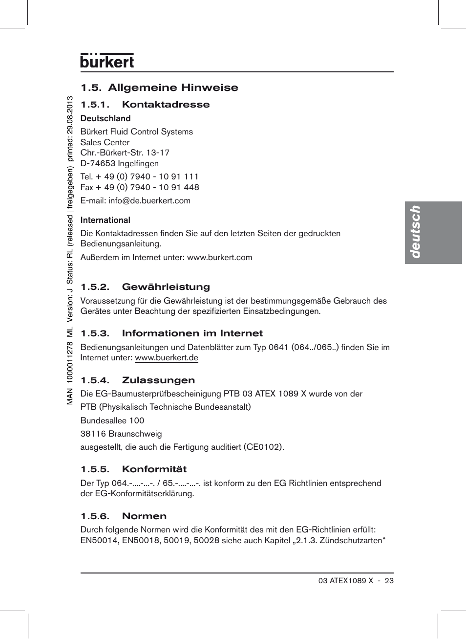 Allgemeine hinweise, Deutsch | Burkert Type 0641 User Manual | Page 23 / 52
