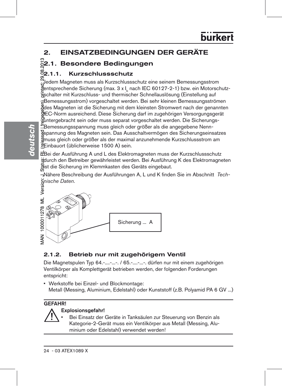 Einsatzbedingungen der geräte, Besondere bedingungen, Deutsch | Burkert Type 0641 User Manual | Page 24 / 52