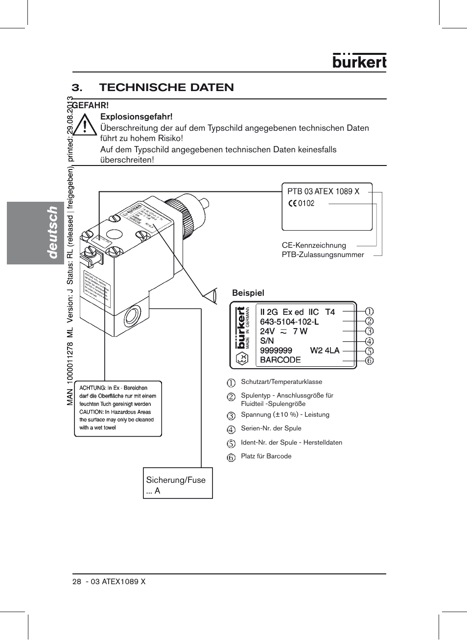 Technische daten, Deutsch | Burkert Type 0641 User Manual | Page 28 / 52