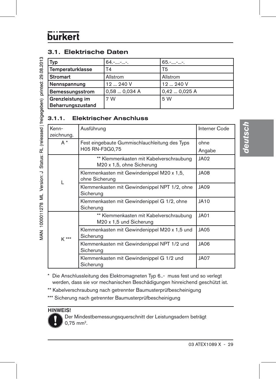 Elektrische daten, Deutsch | Burkert Type 0641 User Manual | Page 29 / 52