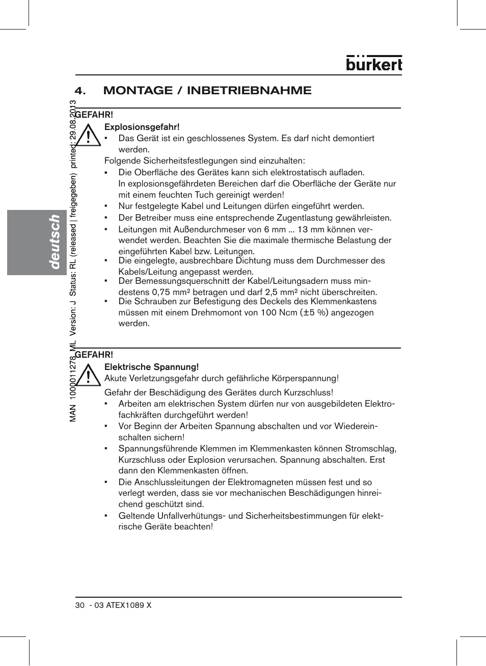 Montage / inbetriebnahme, Deutsch | Burkert Type 0641 User Manual | Page 30 / 52