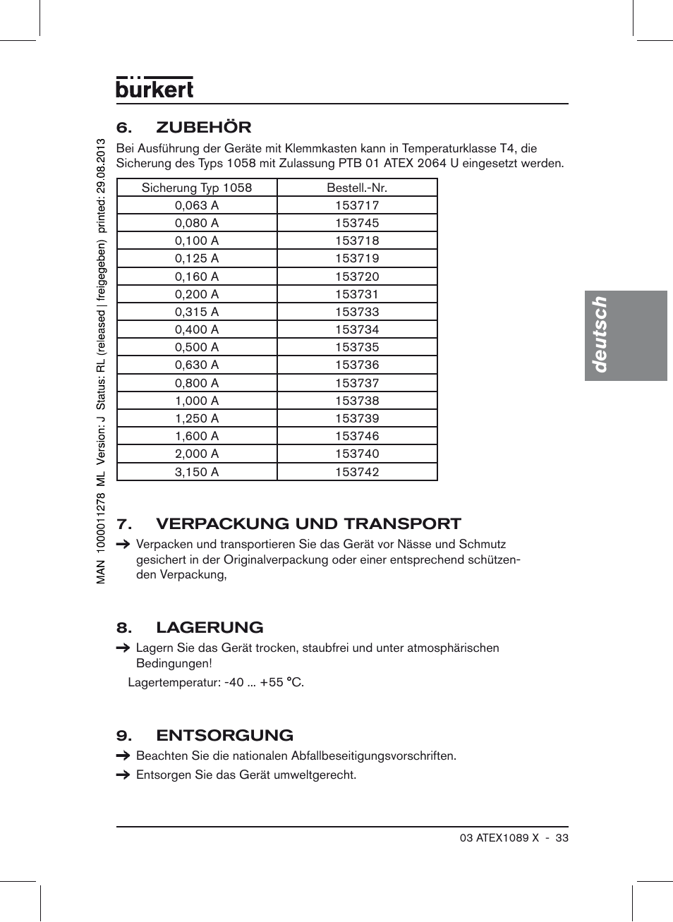 Zubehör, Verpackung und transport, Lagerung | Entsorgung, Deutsch | Burkert Type 0641 User Manual | Page 33 / 52