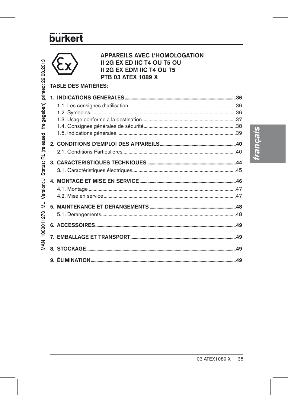 Francais, Français | Burkert Type 0641 User Manual | Page 35 / 52