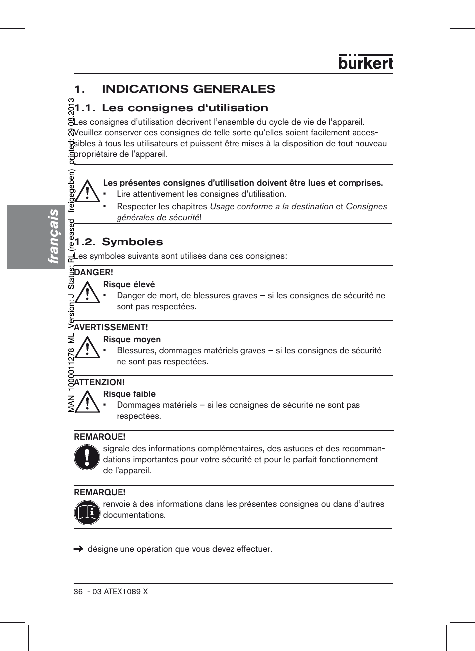 Indications generales, Les consignes d‘utilisation 1.2. symboles, Français | Burkert Type 0641 User Manual | Page 36 / 52