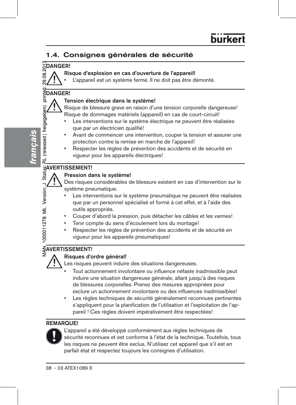 Consignes générales de sécurité, Français | Burkert Type 0641 User Manual | Page 38 / 52