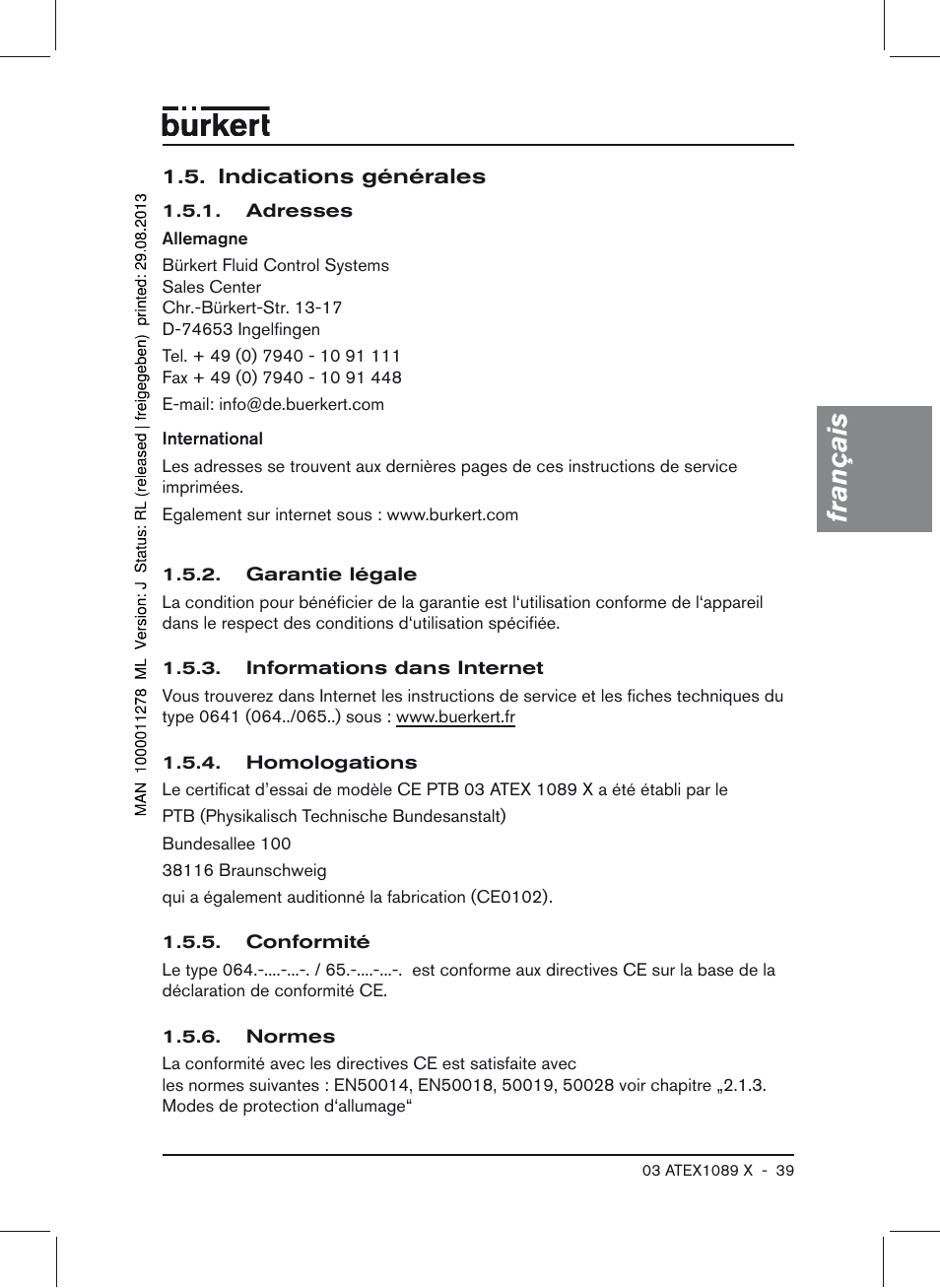 Indications générales, Français | Burkert Type 0641 User Manual | Page 39 / 52
