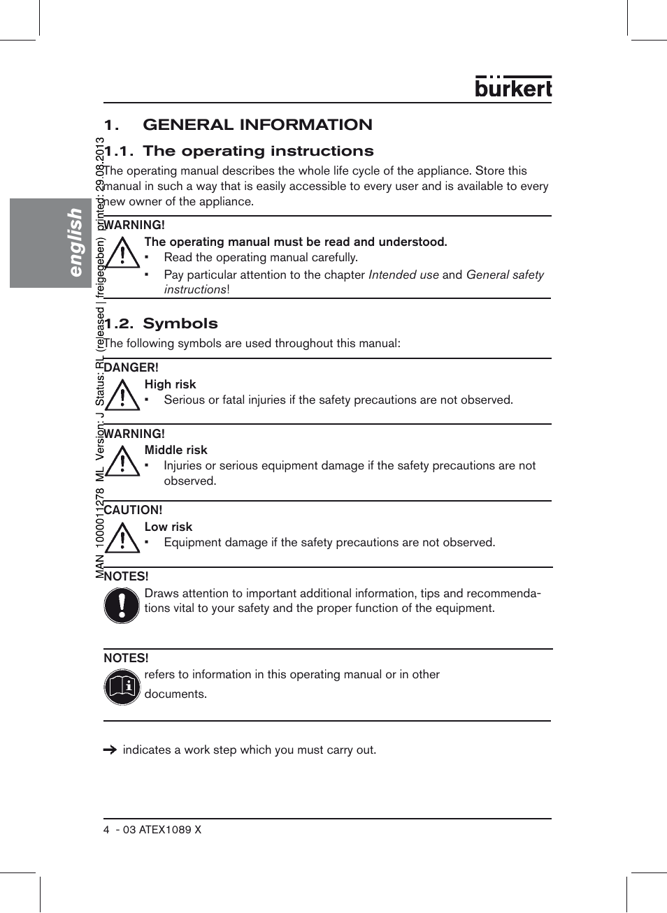 General information, The operating instructions 1.2. symbols, English | Burkert Type 0641 User Manual | Page 4 / 52