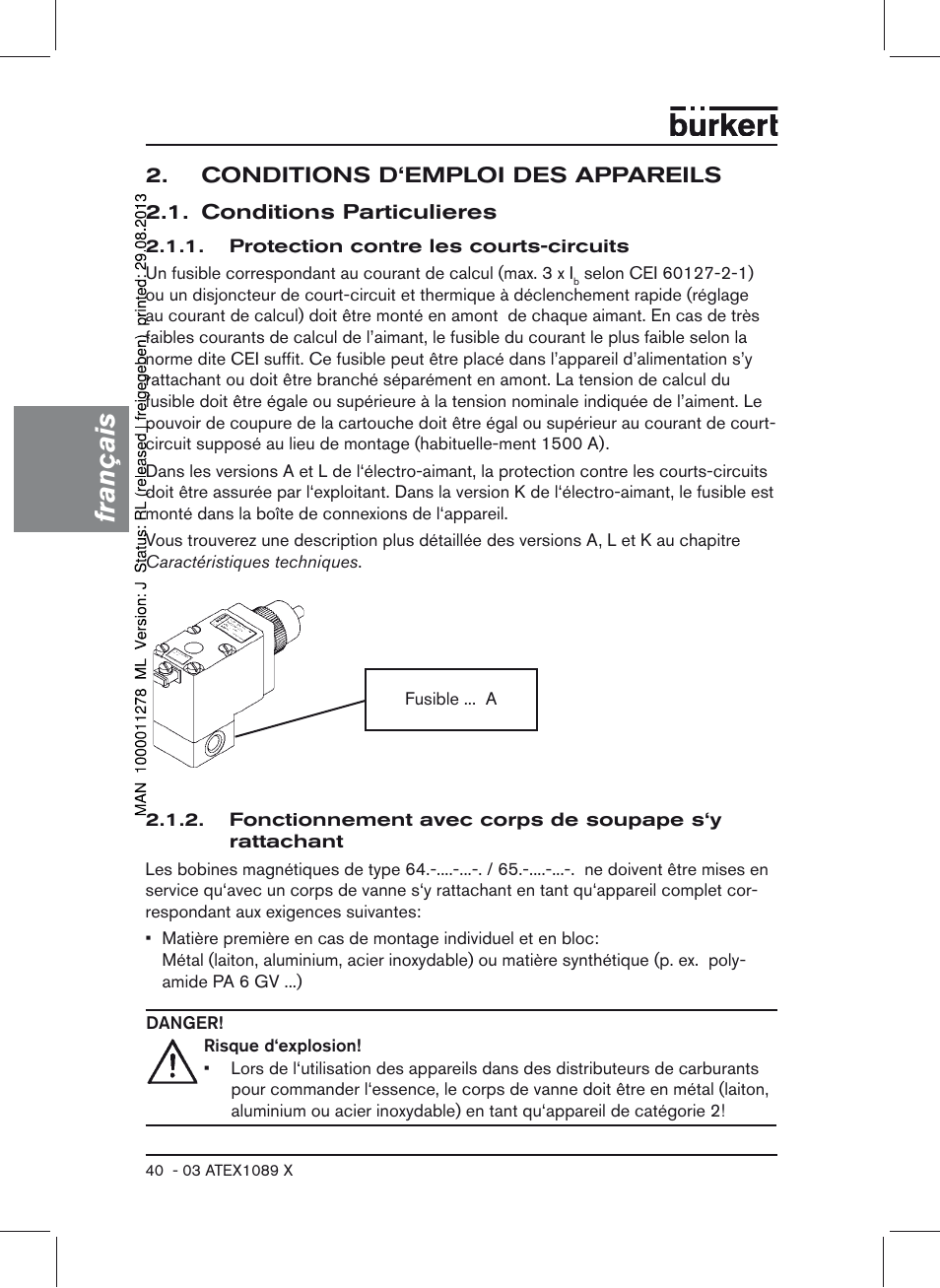 Conditions d‘emploi des appareils, Conditions particulieres, Français | Burkert Type 0641 User Manual | Page 40 / 52