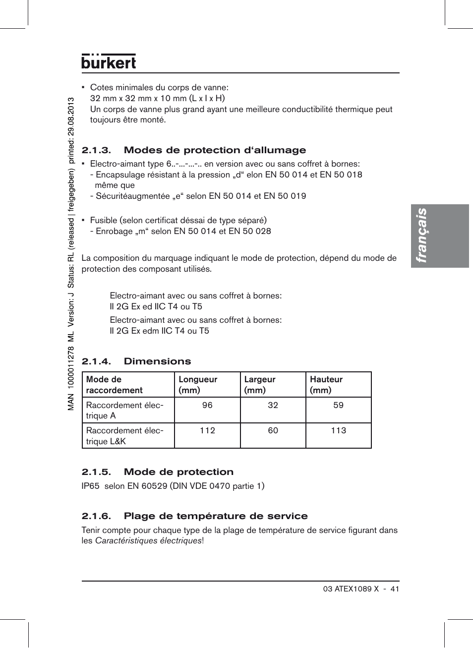 Français | Burkert Type 0641 User Manual | Page 41 / 52