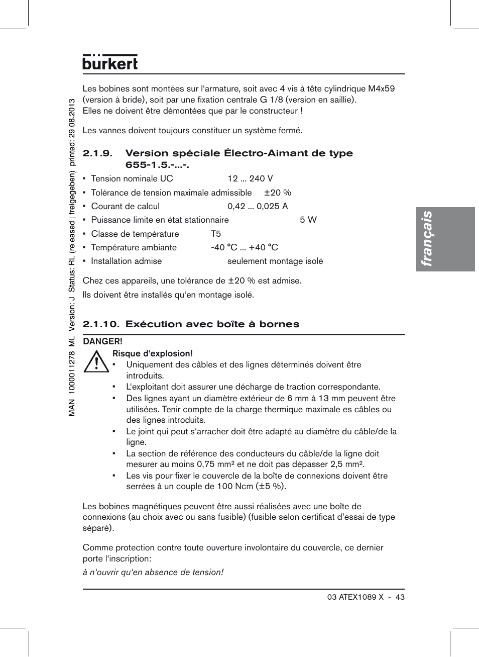 Français | Burkert Type 0641 User Manual | Page 43 / 52