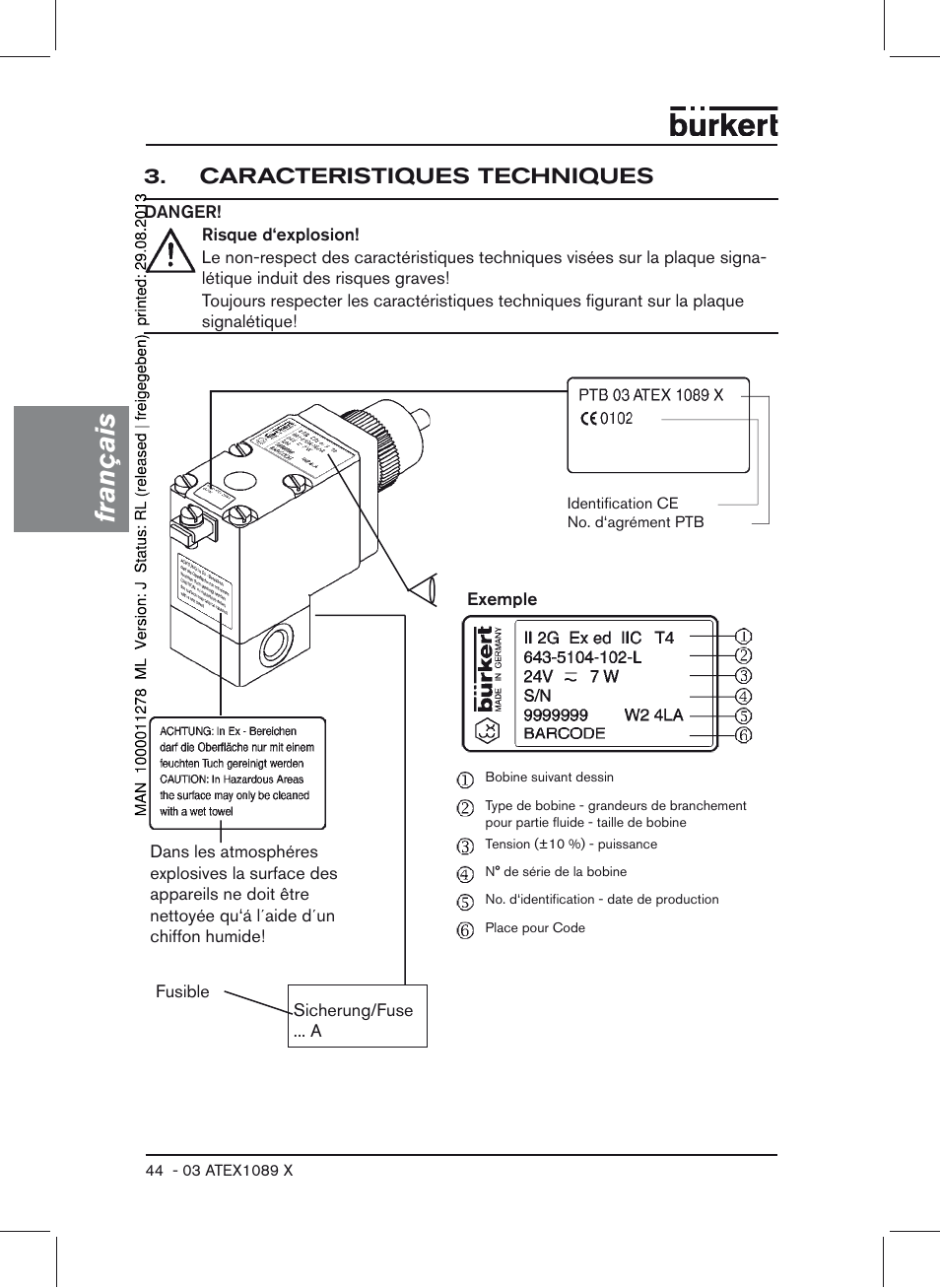 Caracteristiques techniques, Français | Burkert Type 0641 User Manual | Page 44 / 52