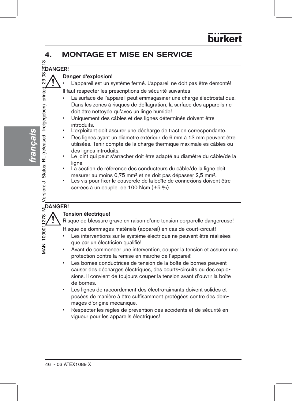 Montage et mise en service, Français | Burkert Type 0641 User Manual | Page 46 / 52