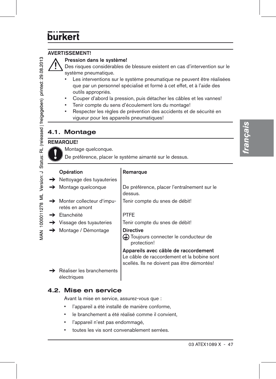 Montage 4.2. mise en service, Français | Burkert Type 0641 User Manual | Page 47 / 52