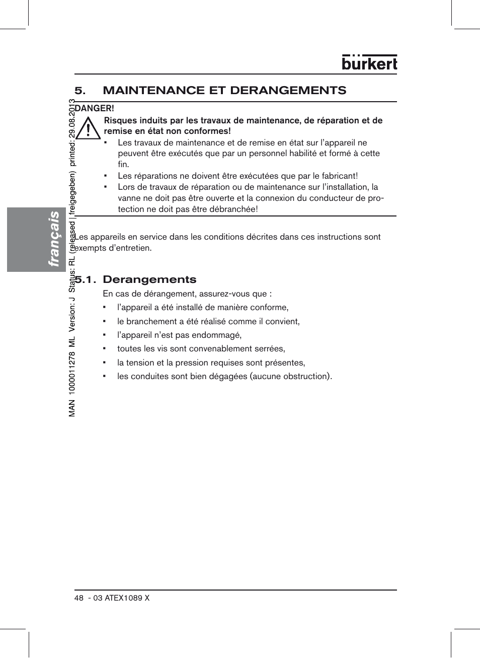 Maintenance et derangements, Derangements, Français | Burkert Type 0641 User Manual | Page 48 / 52