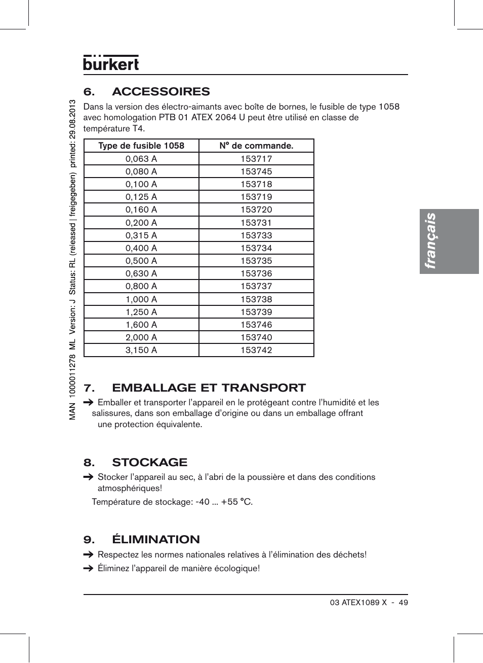 Accessoires, Emballage et transport, Stockage | Élimination, Français | Burkert Type 0641 User Manual | Page 49 / 52