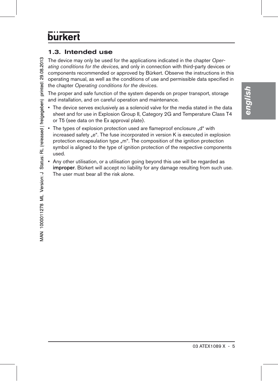 Intended use, English | Burkert Type 0641 User Manual | Page 5 / 52