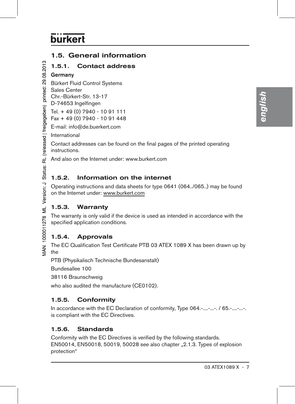 General information, English | Burkert Type 0641 User Manual | Page 7 / 52