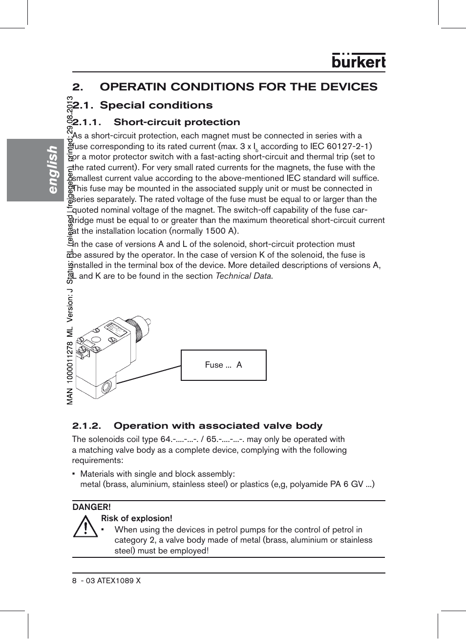 Operatin conditions for the devices, Special conditions, English | Burkert Type 0641 User Manual | Page 8 / 52