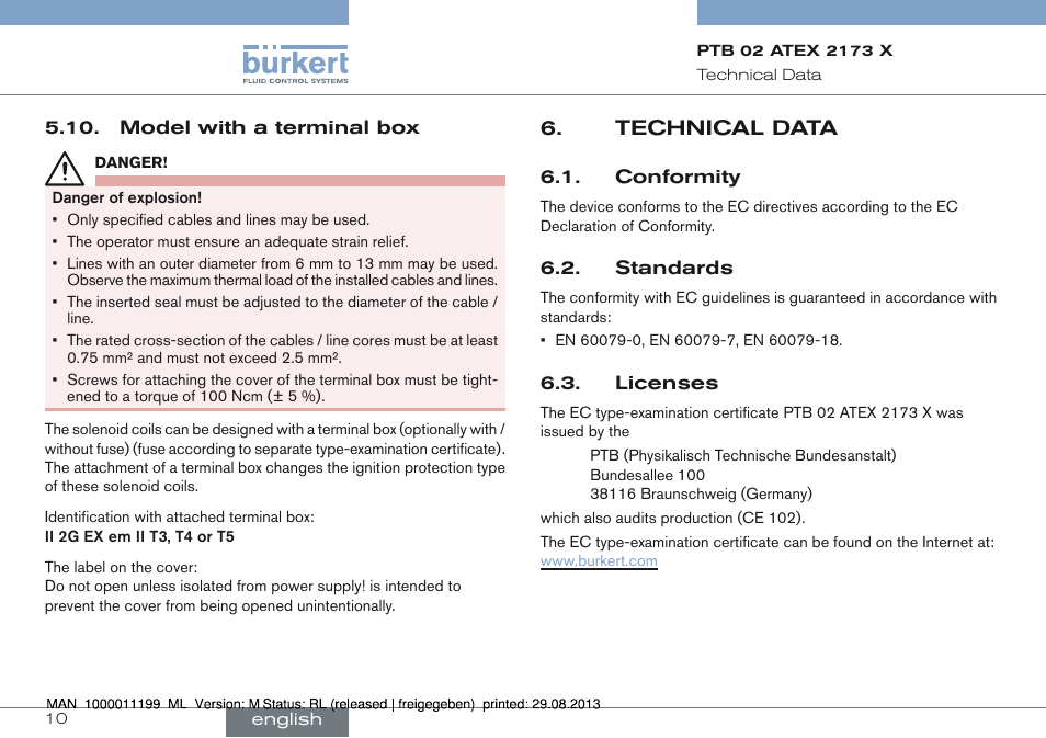 Model with a terminal box, Technical data, Conformity 6.2. standards 6.3. licenses | Burkert Type 0742 User Manual | Page 10 / 46