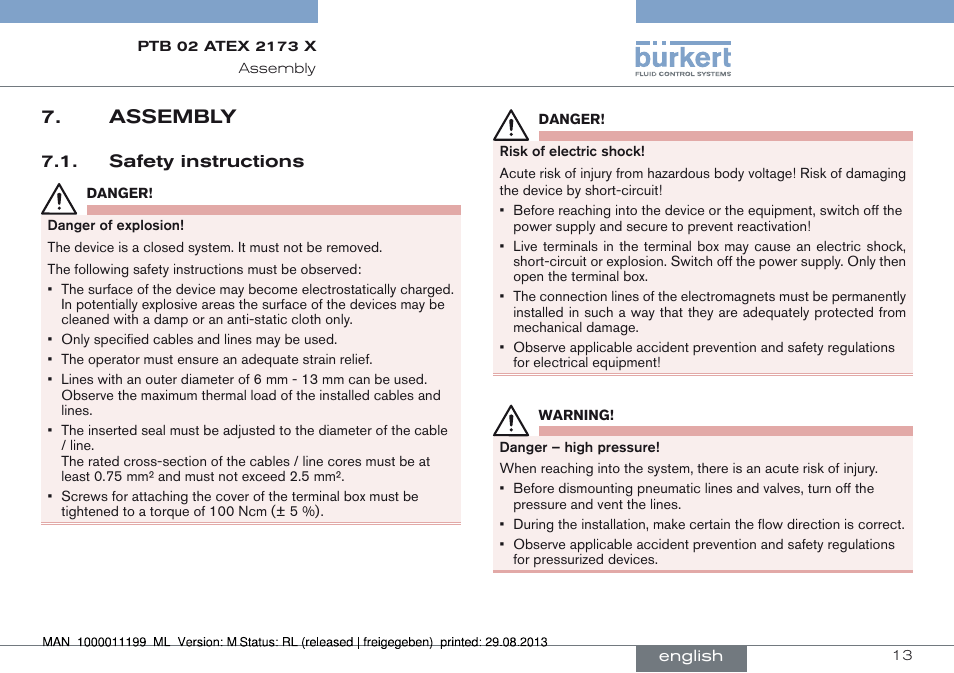 Assembly, Safety instructions | Burkert Type 0742 User Manual | Page 13 / 46