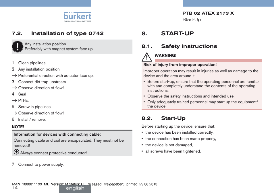 Installation of type 0742, Start-up, Safety instructions 8.2. start-up | Burkert Type 0742 User Manual | Page 14 / 46