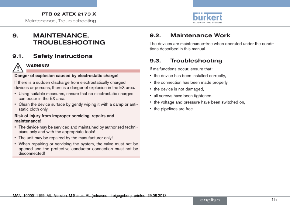 Maintenance, troubleshooting | Burkert Type 0742 User Manual | Page 15 / 46