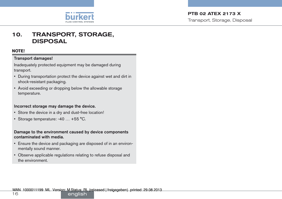 Transport, storage, disposal | Burkert Type 0742 User Manual | Page 16 / 46