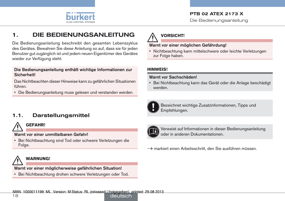 Die bedienungsanleitung, Darstellungsmittel | Burkert Type 0742 User Manual | Page 18 / 46