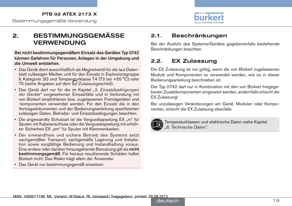 Bestimmungsgemässe verwendung, Beschränkungen 2.2. ex zulassung | Burkert Type 0742 User Manual | Page 19 / 46