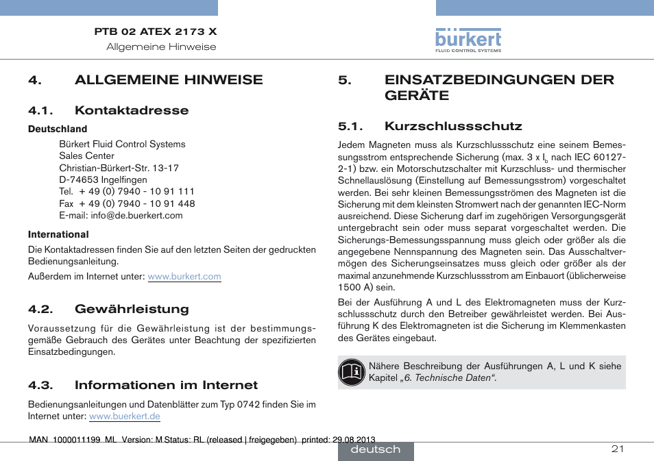 Allgemeine hinweise, Einsatzbedingungen der geräte, Kurzschlussschutz | Burkert Type 0742 User Manual | Page 21 / 46