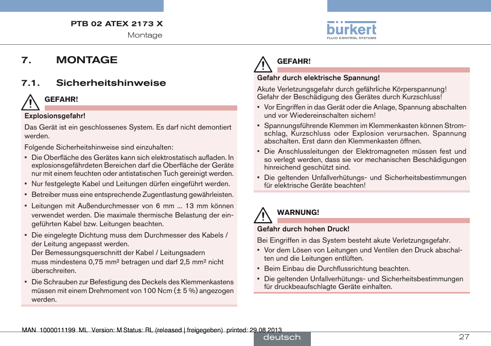 Montage, Sicherheitshinweise | Burkert Type 0742 User Manual | Page 27 / 46