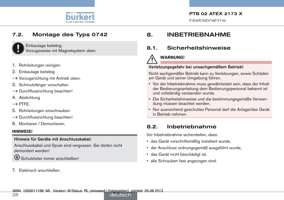 Montage des typs 0742, Inbetriebnahme, Sicherheitshinweise 8.2. inbetriebnahme | Burkert Type 0742 User Manual | Page 28 / 46