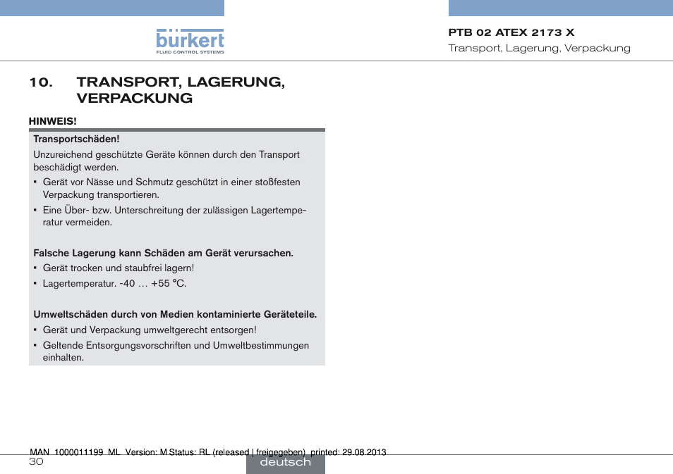 Transport, lagerung, verpackung | Burkert Type 0742 User Manual | Page 30 / 46