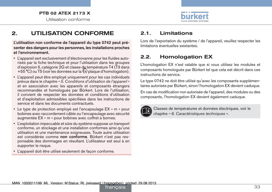 Utilisation conforme, Limitations 2.2. homologation ex | Burkert Type 0742 User Manual | Page 33 / 46