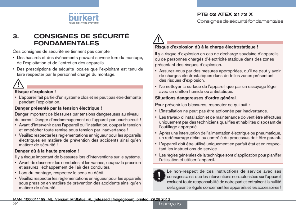 Consignes de sécurité fondamentales | Burkert Type 0742 User Manual | Page 34 / 46