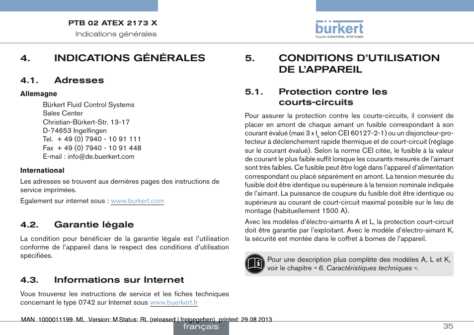 Indications générales, Conditions d’utilisation de l’appareil, Protection contre les courts-circuits | Burkert Type 0742 User Manual | Page 35 / 46