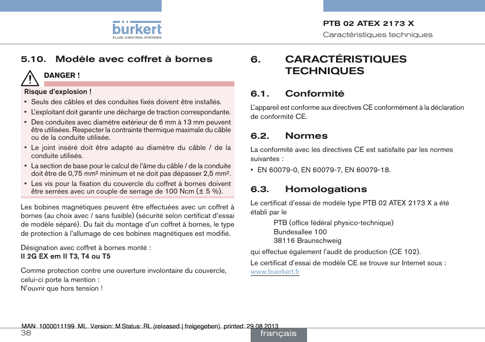 Modèle avec coffret à bornes, Caractéristiques techniques, Conformité 6.2. normes 6.3. homologations | Burkert Type 0742 User Manual | Page 38 / 46