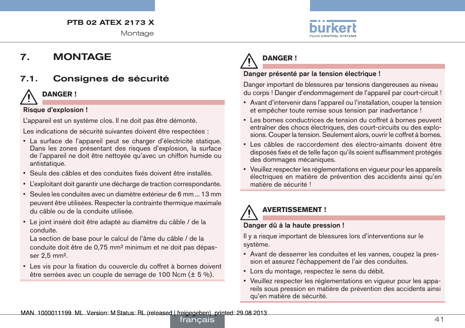 Montage, Consignes de sécurité | Burkert Type 0742 User Manual | Page 41 / 46