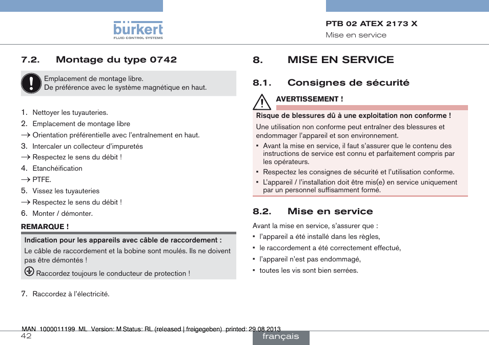 Montage du type 0742, Mise en service, Consignes de sécurité 8.2. mise en service | Burkert Type 0742 User Manual | Page 42 / 46