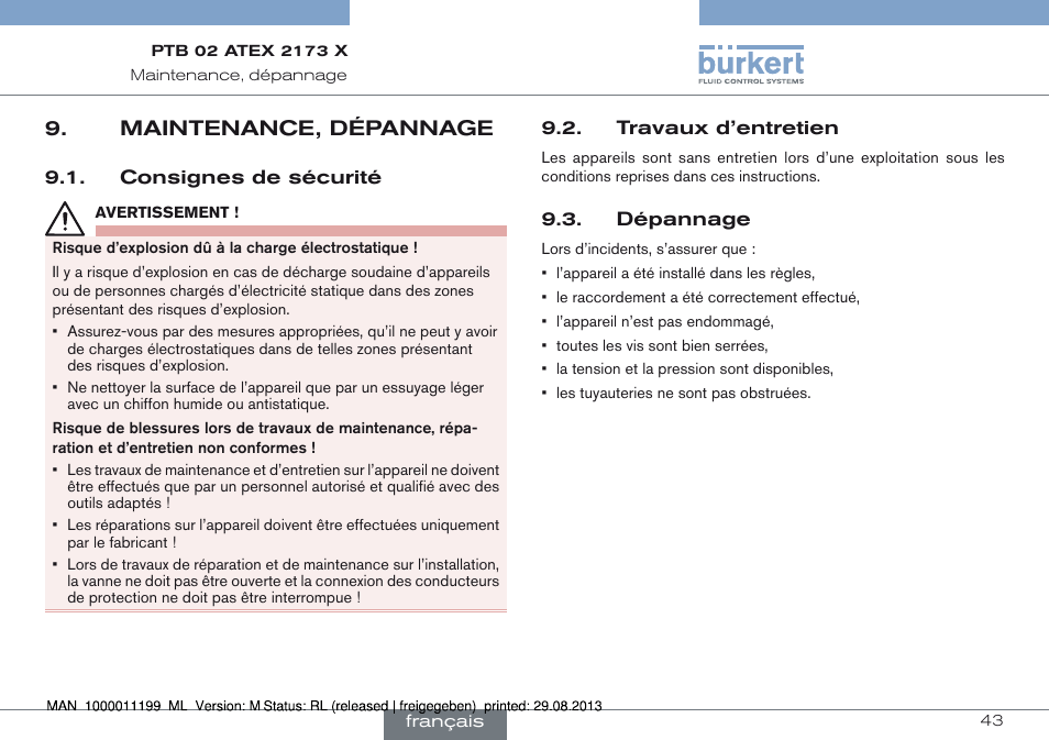 Maintenance, dépannage | Burkert Type 0742 User Manual | Page 43 / 46