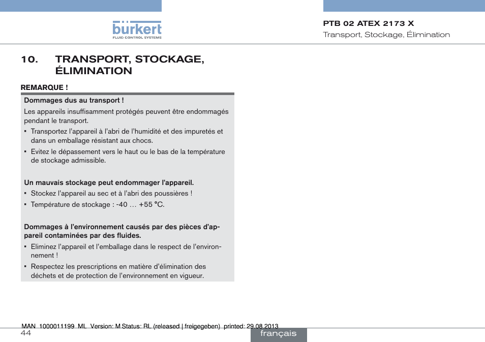 Transport, stockage, élimination | Burkert Type 0742 User Manual | Page 44 / 46