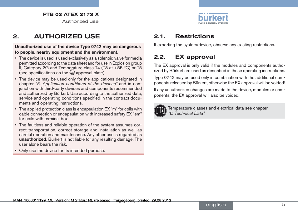 Authorized use, Restrictions 2.2. ex approval | Burkert Type 0742 User Manual | Page 5 / 46