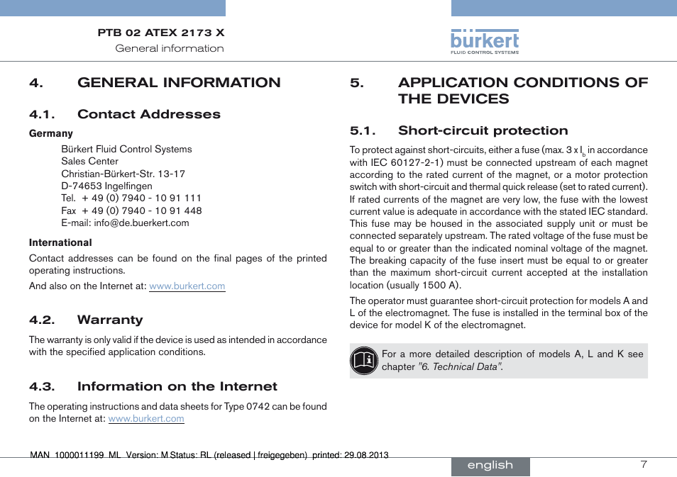 General information, Application conditions of the devices, Short-circuit protection | Burkert Type 0742 User Manual | Page 7 / 46