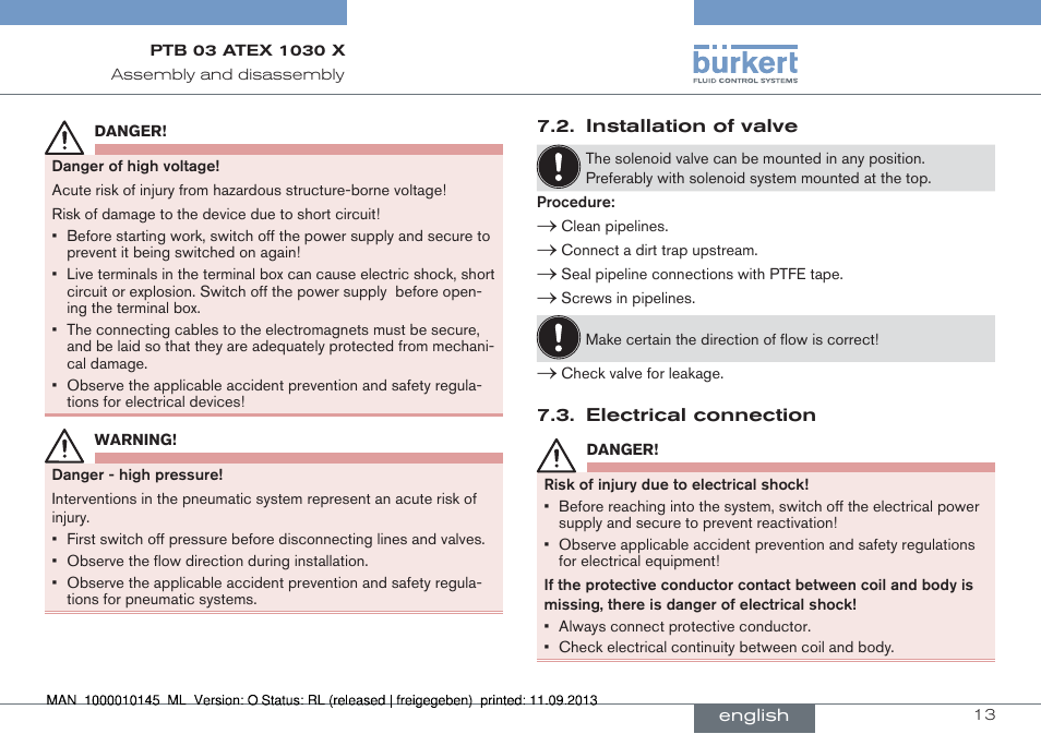 Installation of valve 7.3. electrical connection | Burkert Type 0789 User Manual | Page 13 / 46