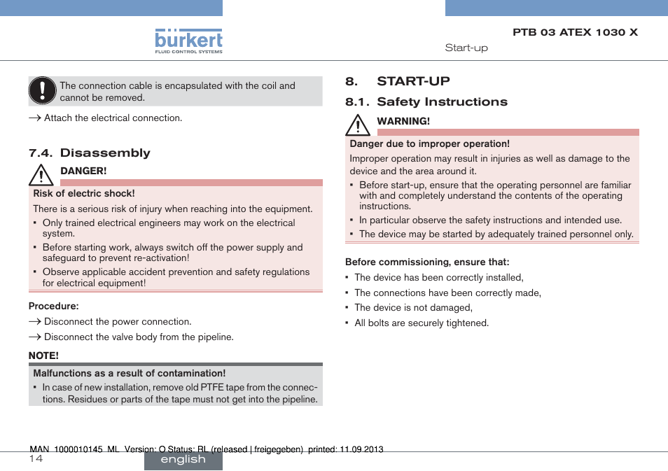Disassembly, Start-up, Safety instructions | Burkert Type 0789 User Manual | Page 14 / 46