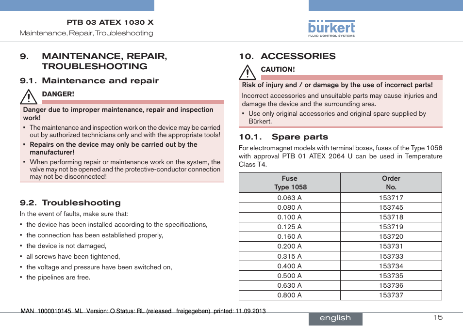 Maintenance, repair, troubleshooting, Maintenance and repair 9.2. troubleshooting, Accessories | Spare parts | Burkert Type 0789 User Manual | Page 15 / 46