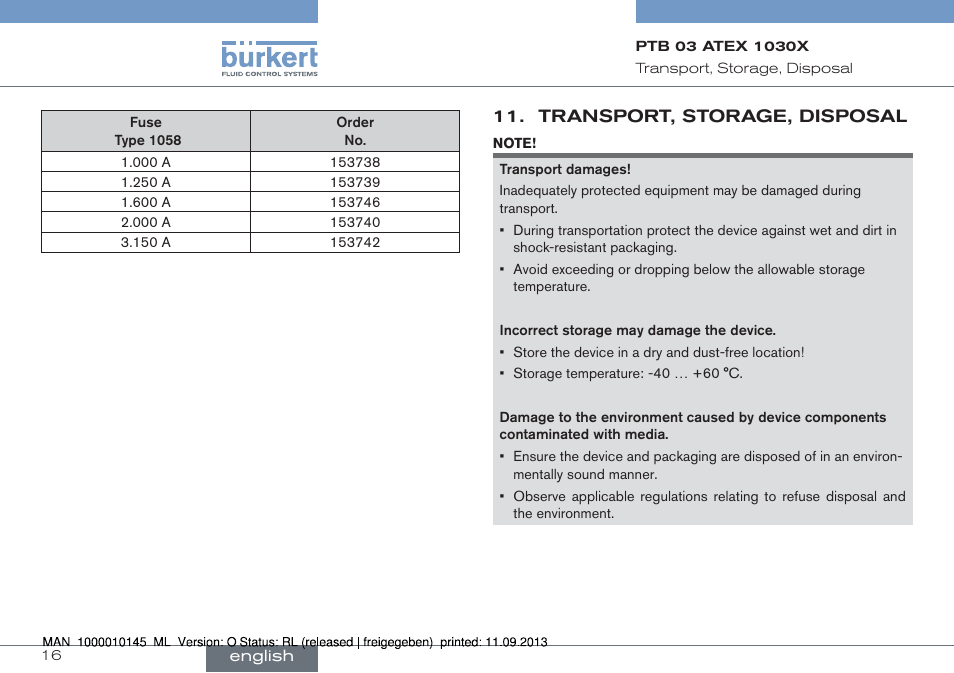 Transport, storage, disposal | Burkert Type 0789 User Manual | Page 16 / 46